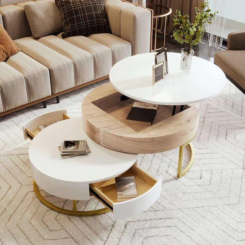 Streamdale Modern Round Lifttop Nesting Coffee Tables With 2 Drawersnatural
