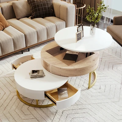 Streamdale Modern Round Lifttop Nesting Coffee Tables With 2 Drawersnatural