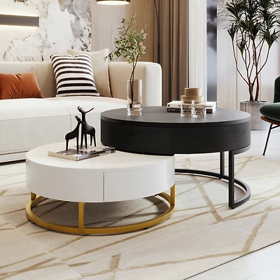 Streamdale Modern Round Lifttop Nesting Coffee Tables With 2 Drawersnatural