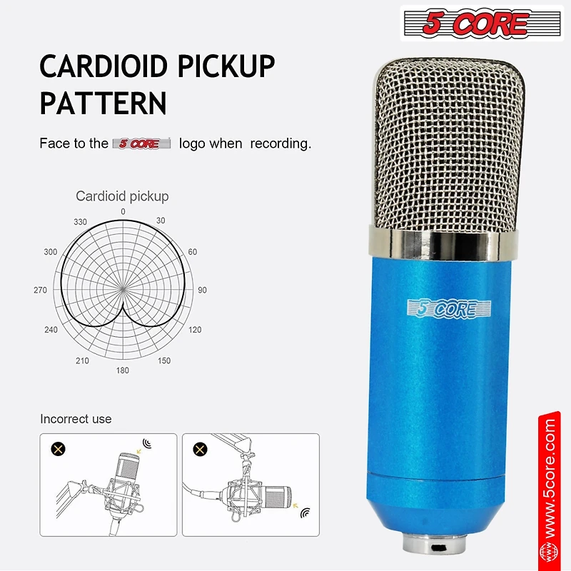 5 Core Recording Microphone Podcast Bundle • Professional Condenser Cardioid Mic Kit • w Desk Stand - Rm 7 Blu