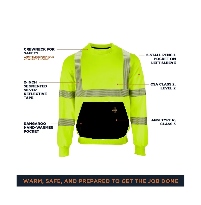 RefrigiWear Men's HiVis Crewneck Sweatshirt - High Visibility Work Pullover, Warm Safety