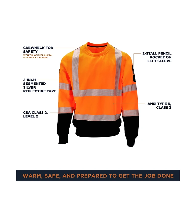 RefrigiWear Men's HiVis Crewneck Sweatshirt with Reflective Tape - High Visibility Safety Pullover