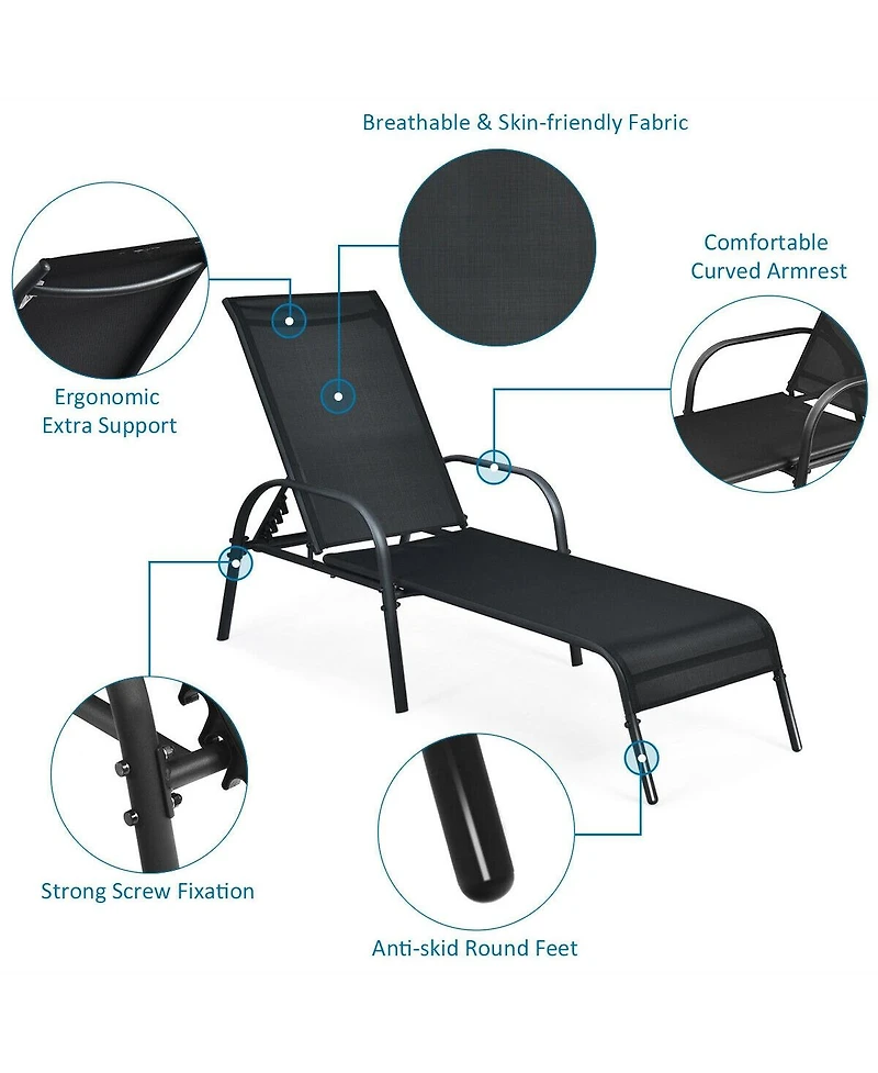 Slickblue 2 Pcs Outdoor Patio Lounge Chair Chaise Fabric with Adjustable Reclining Armrest