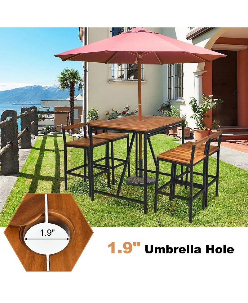 Gymax 5PCS Patio Bar Table Set Pe Rattan High-Dining Bistro Set w/ Acacia Wood Top