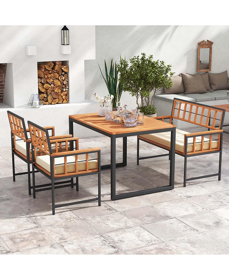 4 Piece Patio Dining Set Outdoor Wood Dining Furniture with 2 Chairs & 1 Lovesea