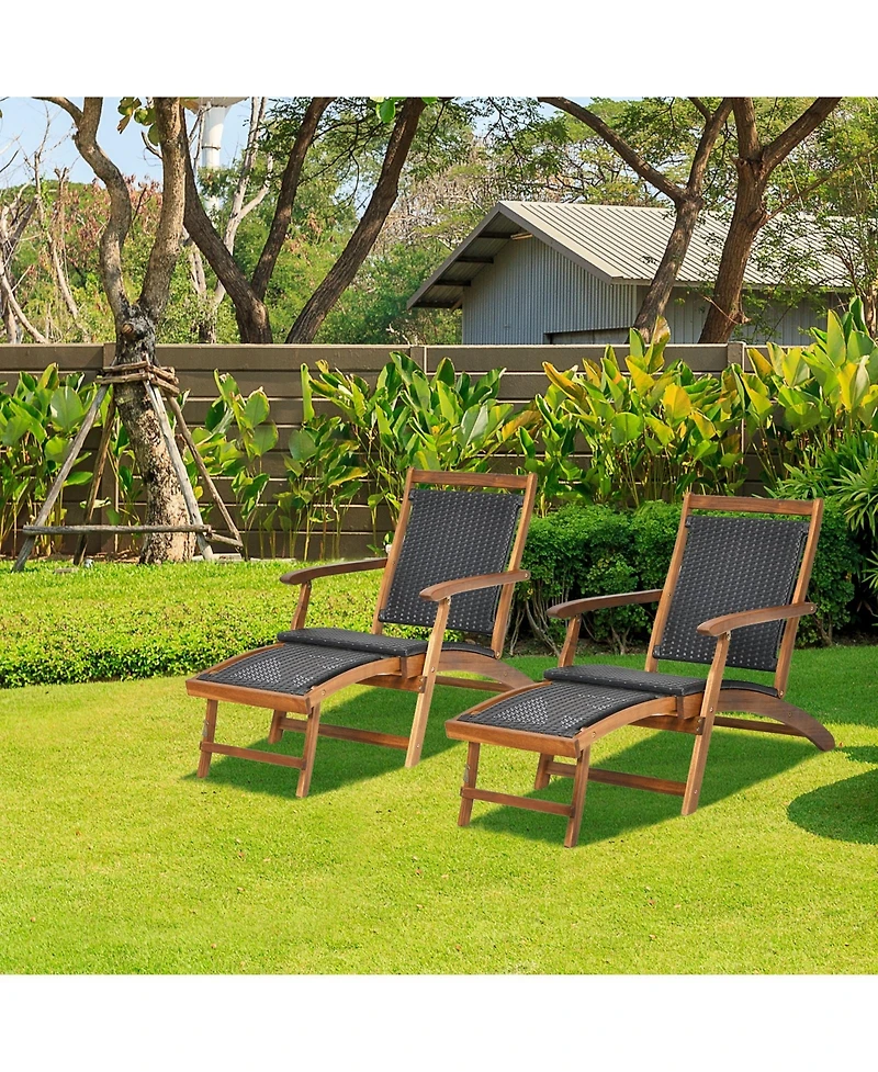 Slickblue Patio Rattan Folding Lounge Chair with Acacia Wooden Frame Retractable Footrest