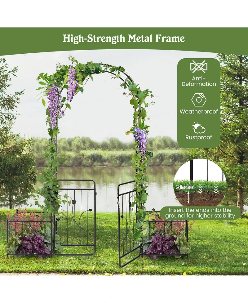 Slickblue 87 Inches Garden Arbor with Lockable Gate Side Planters-Black