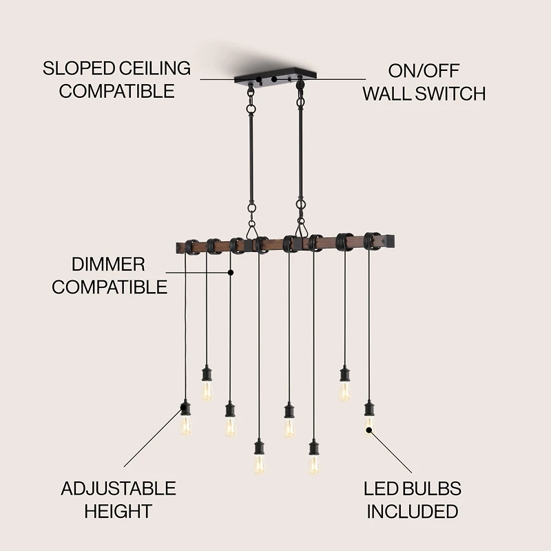 Jonathan Y Rhys 40" 8-Light Vintage Industrial Driftwood Iron Led Linear Chandelier with Height Adjustable Bulbs, Brown Wood Finish/Black