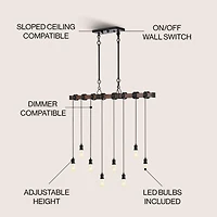 Jonathan Y Rhys 40" 8-Light Vintage Industrial Driftwood Iron Led Linear Chandelier with Height Adjustable Bulbs, Brown Wood Finish/Black