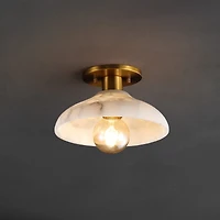 Jonathan Y Amara 10" 1-Light Mid-Century Classic Alabaster/Iron Led Semi Flush Mount, White/Brass Gold
