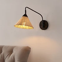Jonathan Y Kiawah 11" 1-Light Vintage Coastal Rattan/Metal Swing Arm Led Sconce, Black/Natural
