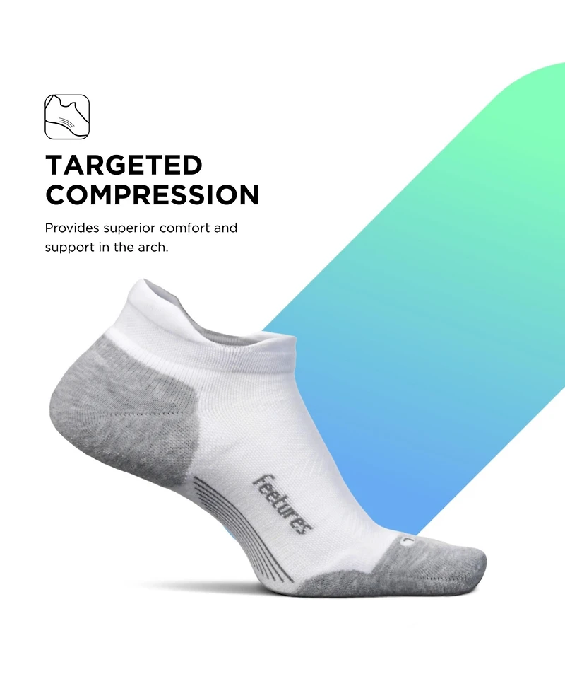 Feetures Men's Elite Max Cushion No Show Tab Ankle Socks - Sport Sock with Targeted Compression - New White, M (1 Pair)