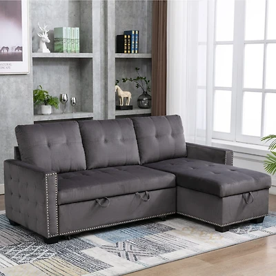 L-Shaped Velvet Sectional Sleeper Sofa, Dark Grey