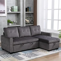 L-Shaped Velvet Sectional Sleeper Sofa, Dark Grey