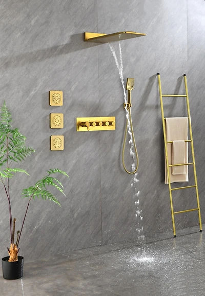 Wall Mounted Waterfall Rain Shower System With 3 Body Sprays & Handheld Shower