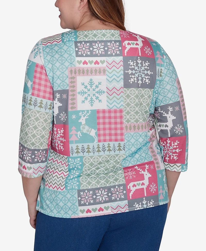Alfred Dunner Plus Size Classic Reindeer Patchwork Top