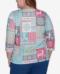 Alfred Dunner Plus Size Classic Reindeer Patchwork Top