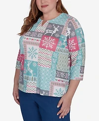 Alfred Dunner Plus Size Classic Reindeer Patchwork Top
