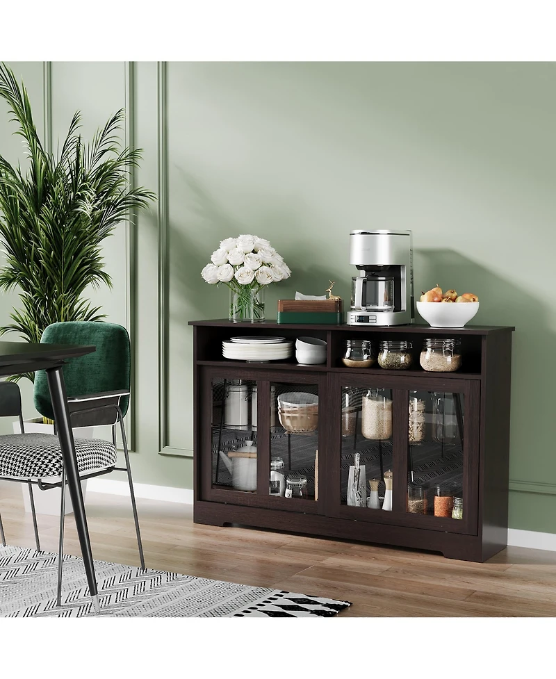 Homcom Modern Kitchen Storage Sideboard Linen Cabinet with Sliding Glass Doors, Brown