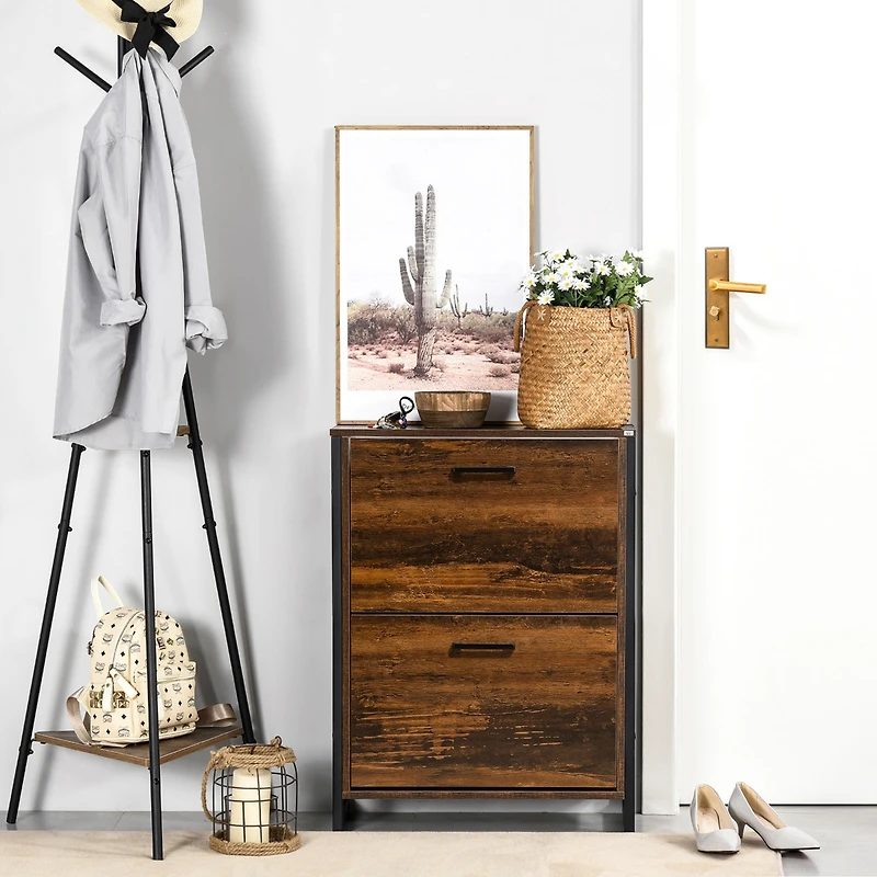 Homcom Rustic 2 Flip Door Shoe Cabinet with Divider and Open Shelf