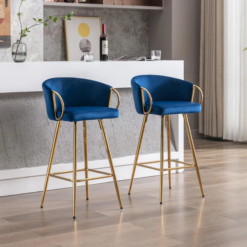 Streamdale Blue Velvet Bar Stools with Gold Legs (Set of 2)