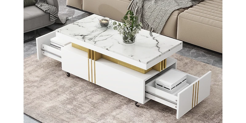 Streamdale Luxury Marble Top Coffee Table With Wheels