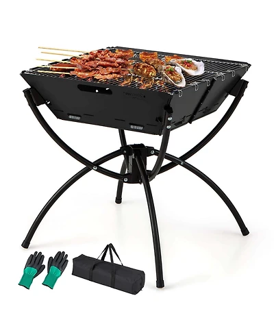 3-in-1 Portable Charcoal Grill Folding Camping Fire Pit with Carrying Bag & Gloves