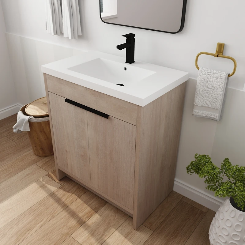 Simplie Fun 30" Freestanding Vanity with White Resin Sink & 2 Soft-Close Doors