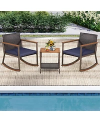 3 Pcs Patio Rattan Rocking Chair Bistro Set Armrest Cushion Table with Storage Shelf