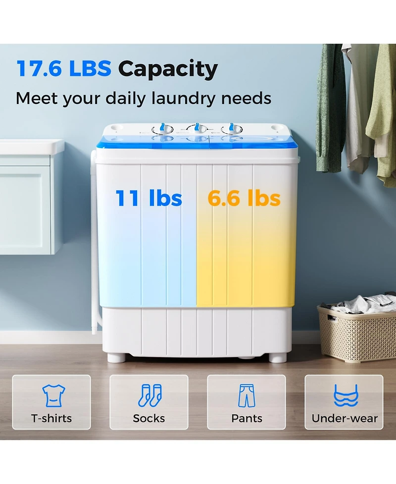 Portable Washing Machine 17.6 lbs Twin Tub Laundry Washer with Drain Pump