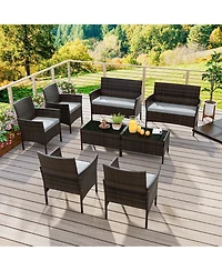 8 Pcs Patio Furniture Set with Washable Cushions and Tempered Glass Coffee Table