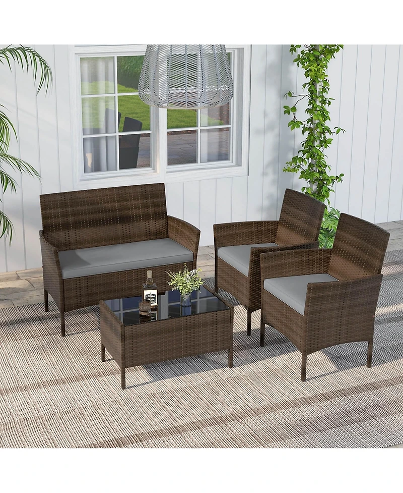 4 Pcs Patio Furniture Set with Washable Cushions and Tempered Glass Coffee Table