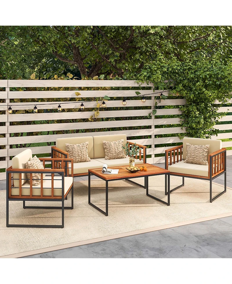 4 Pcs Acacia Wood Outdoor Sofa Set with Heavy Duty Metal Frame Soft Seat