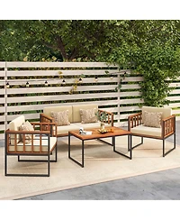 4 Pcs Acacia Wood Outdoor Sofa Set with Heavy Duty Metal Frame Soft Seat