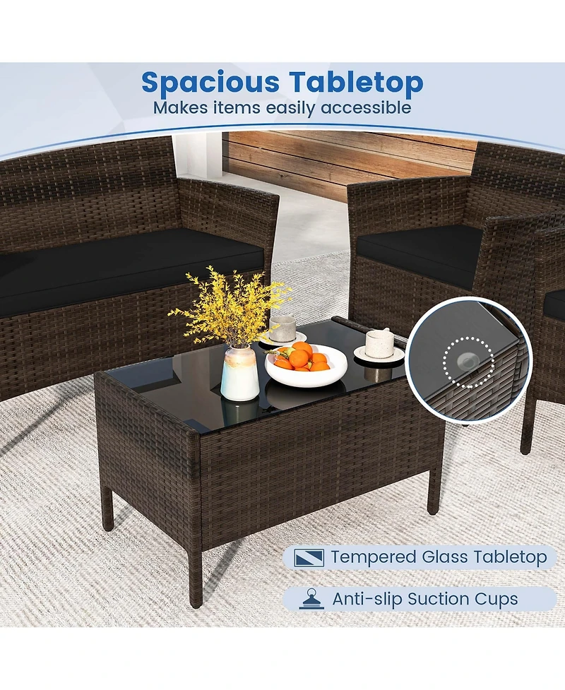 8 Pcs Patio Furniture Set with Washable Cushions and Tempered Glass Coffee Table