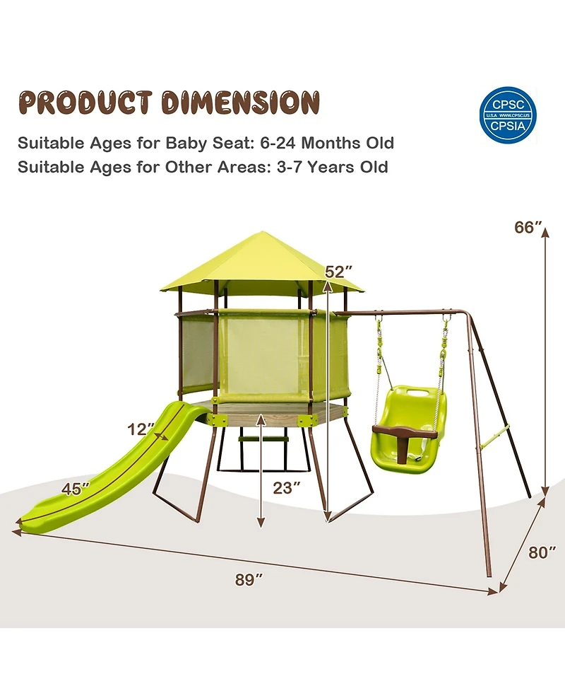 Costway 4-in-1 Swing Set with Covered Playhouse Fort Height Adjustable Baby Seat Slide