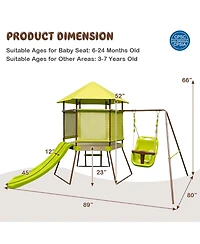 Costway 4-in-1 Swing Set with Covered Playhouse Fort Height Adjustable Baby Seat Slide