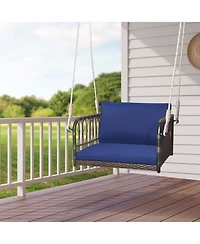 Costway Porch Swing Chair Rattan Woven Hanging Bench Seat with Cushions Hooks Balcony Navy