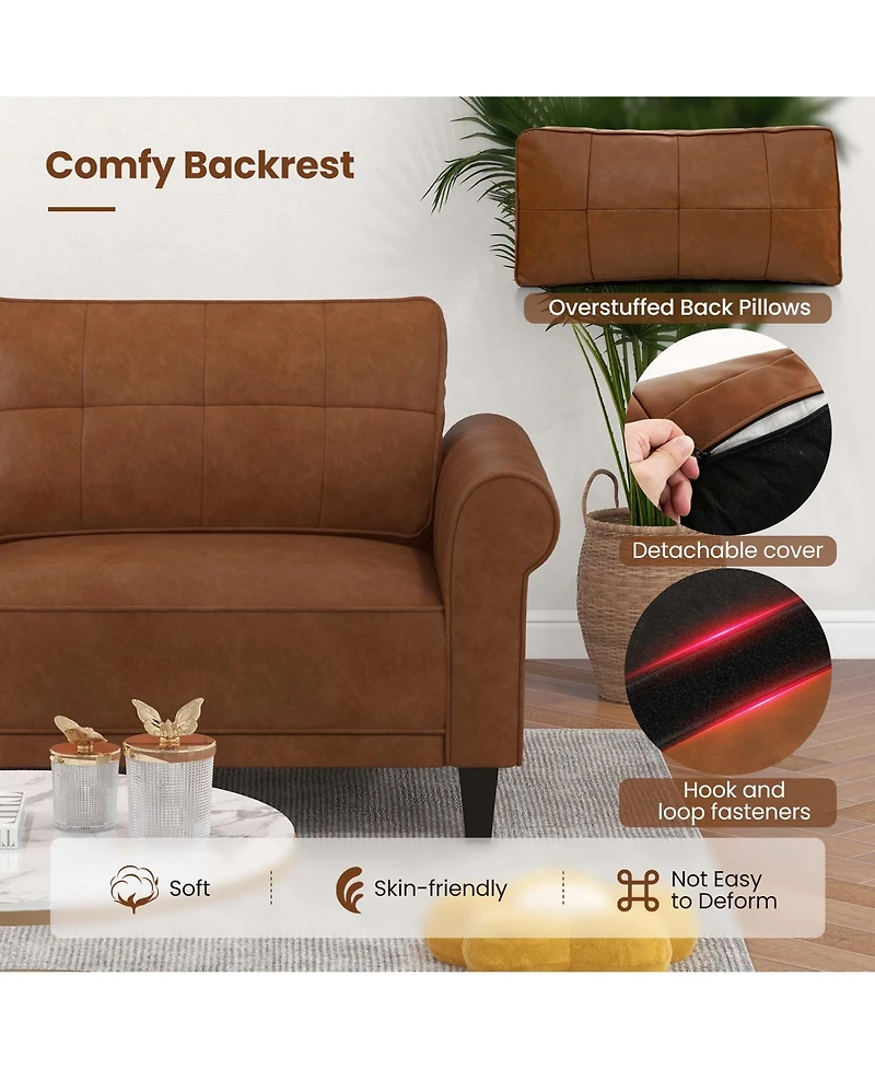 Modern Sofa Couch Pu Leather 81.5'' 3-Seater with 2 Back Pillows & 5 Wooden Legs