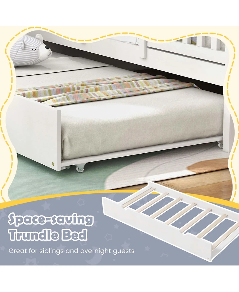 Twin Size House Bed with Trundle Fence Decor Wooden Windows Tall Roof