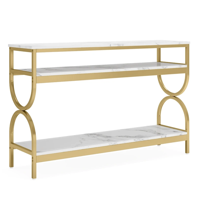 Tribesigns 3-Tier Console Table, 55 inch Sofa Table with Open Storage Shelves, Narrow Long Hallway/Entryway Table with Faux Marble Top, White & Gold