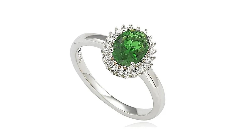 Suzy Levian Sterling Silver Cubic Zirconia Green Oval Halo Ring