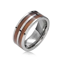 Bling Jewelry Double Row Wide Stripe Brown Koa Wood Style Inlay Titanium Band Rings Silver Tone Comfort Fit 8MM