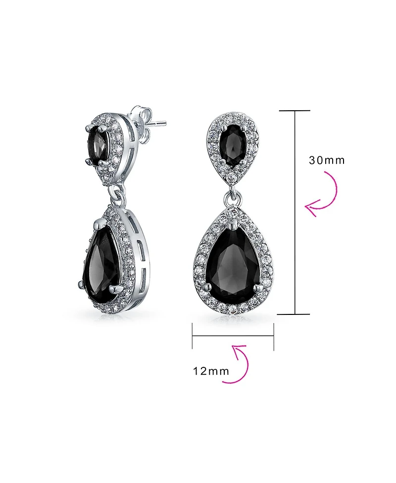 Bling Jewelry Fashion Pave Cz Halo Black Pear Shaped Teardrop Drop Statement Earrings Prom Rhodium Plated Brass