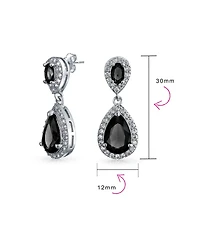 Bling Jewelry Fashion Pave Cz Halo Black Pear Shaped Teardrop Drop Statement Earrings Prom Rhodium Plated Brass