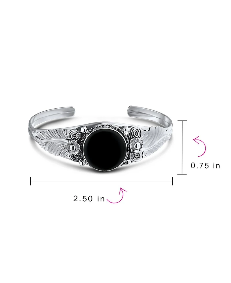 Bling Jewelry Nature Leaf Flowers Round Cabochon Statement Black Natural Onyx or Blue Turquoise Wide Cuff Bracelet Sterling Silver