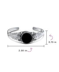 Bling Jewelry Nature Leaf Flowers Round Cabochon Statement Black Natural Onyx or Blue Turquoise Wide Cuff Bracelet Sterling Silver