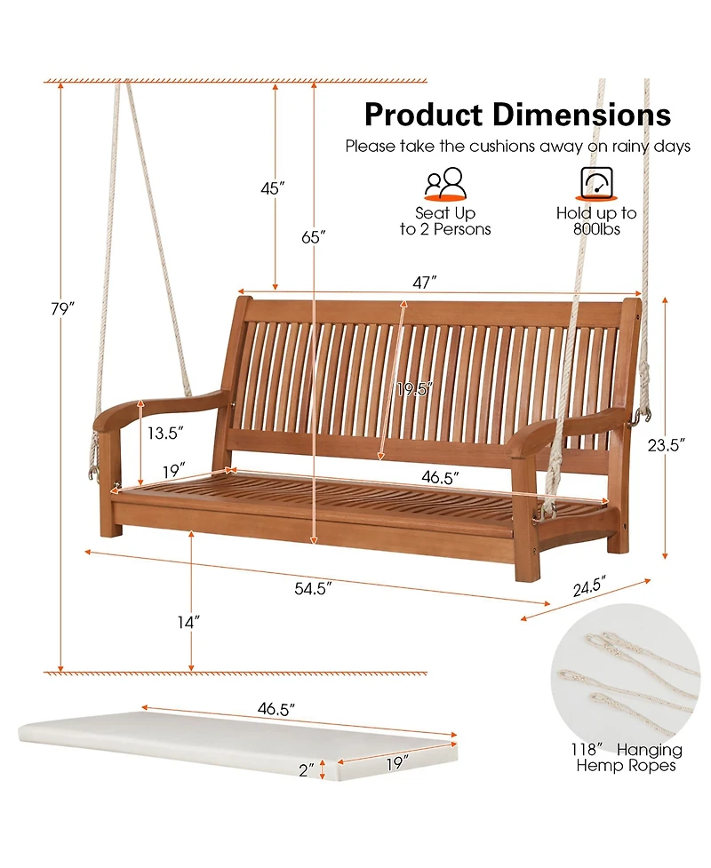 Costway 2-Person Hanging Porch Swing Wood Bench with Cushion Curved Back Outdoor Natural