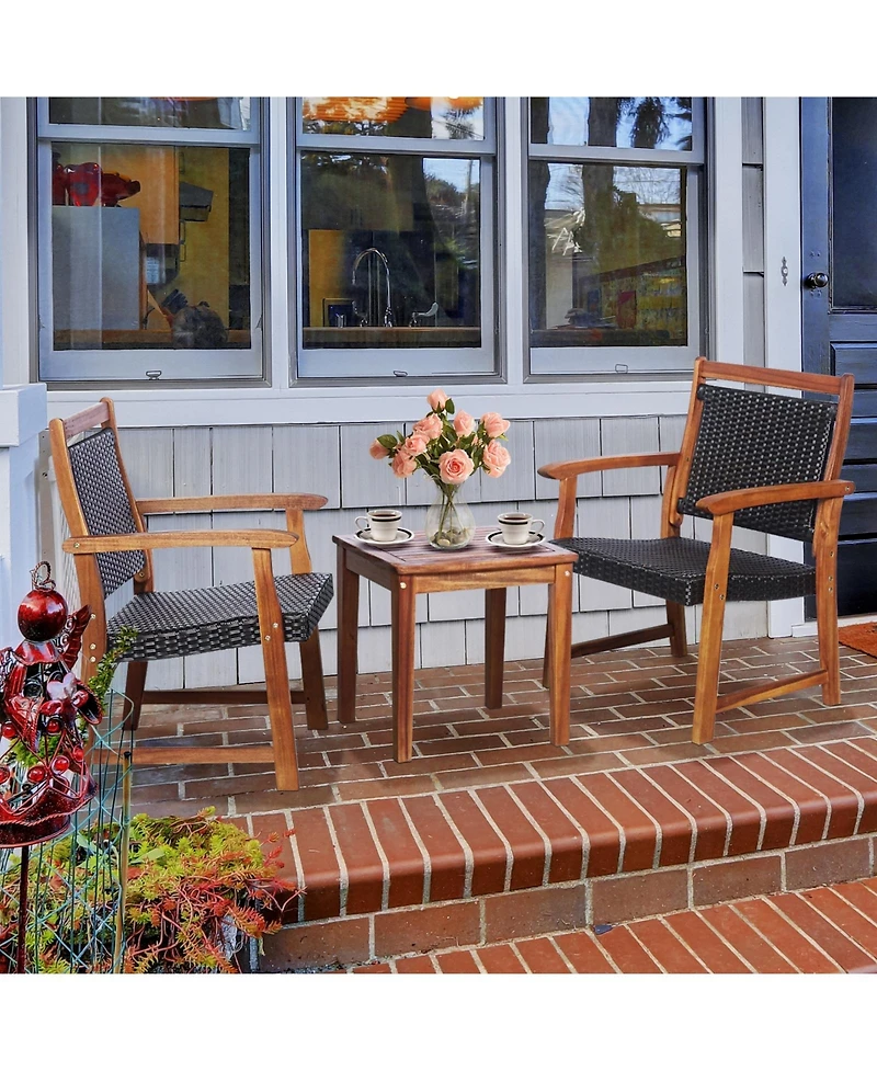 Slickblue 3 Pieces Rattan Bistro Set with Acacia Wood Frame for Garden