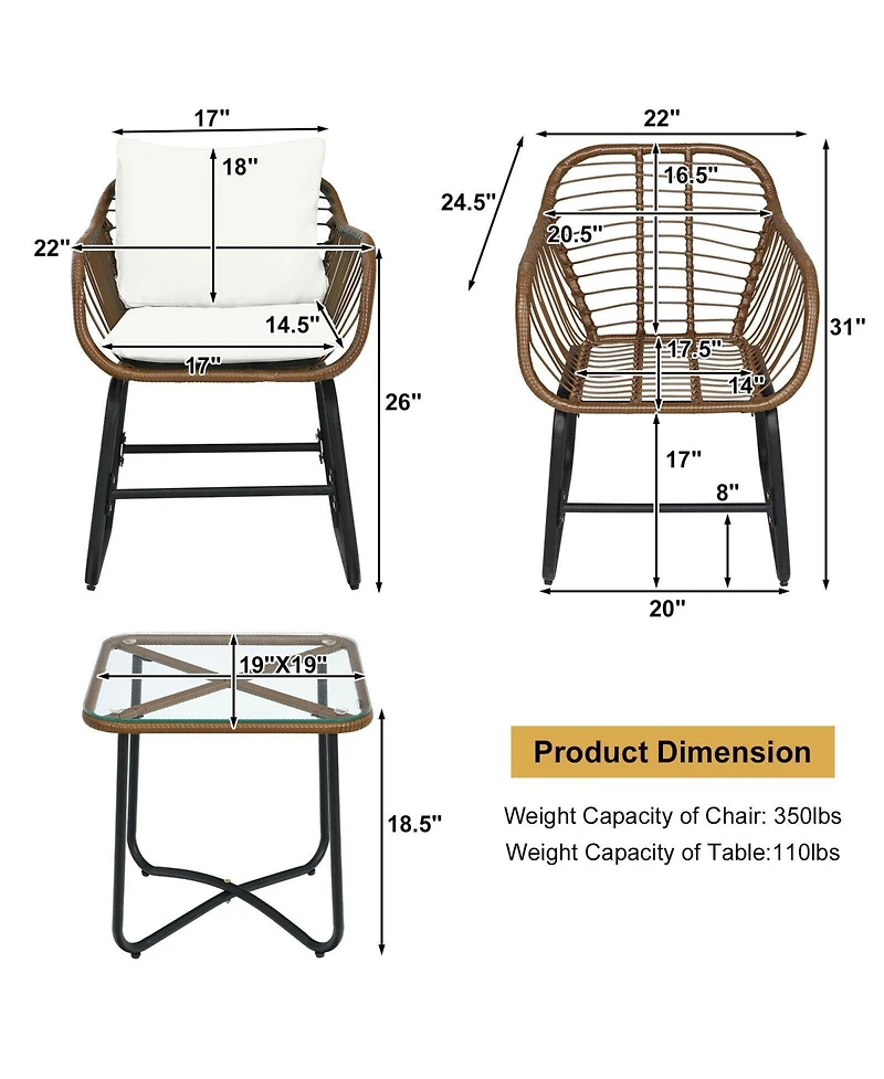 Slickblue 3 Pieces Patio Rattan Bistro Set Cushioned Chair Glass Table Deck